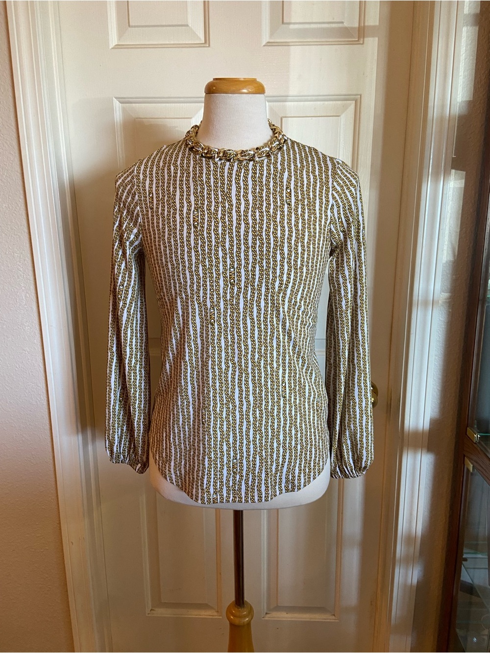 NWT Michael Kors Blouse Size Small Gold Chain Pattern With Gold Chain Collar.